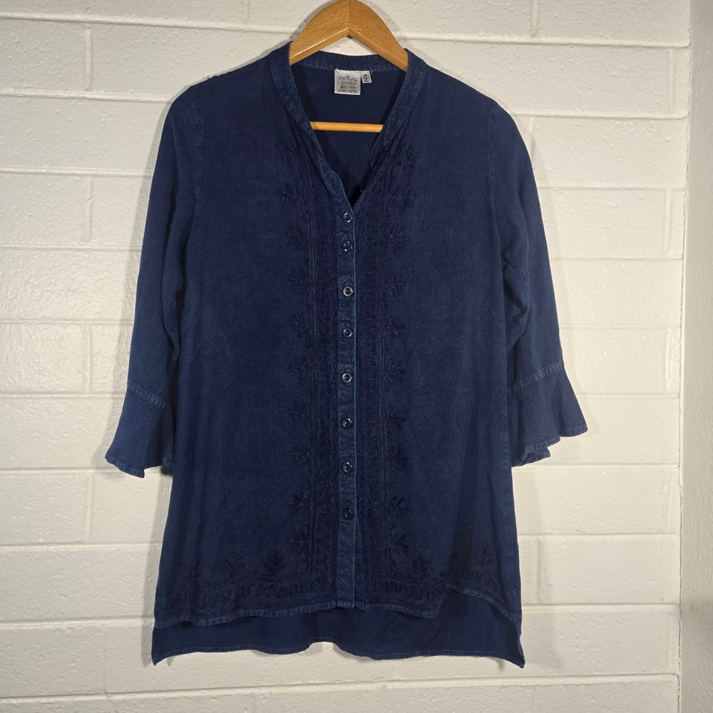 Parsley & Sage Tunic Medium Blue Embroidered Rayon‎ Bell Sleeve Boho Top Hippie